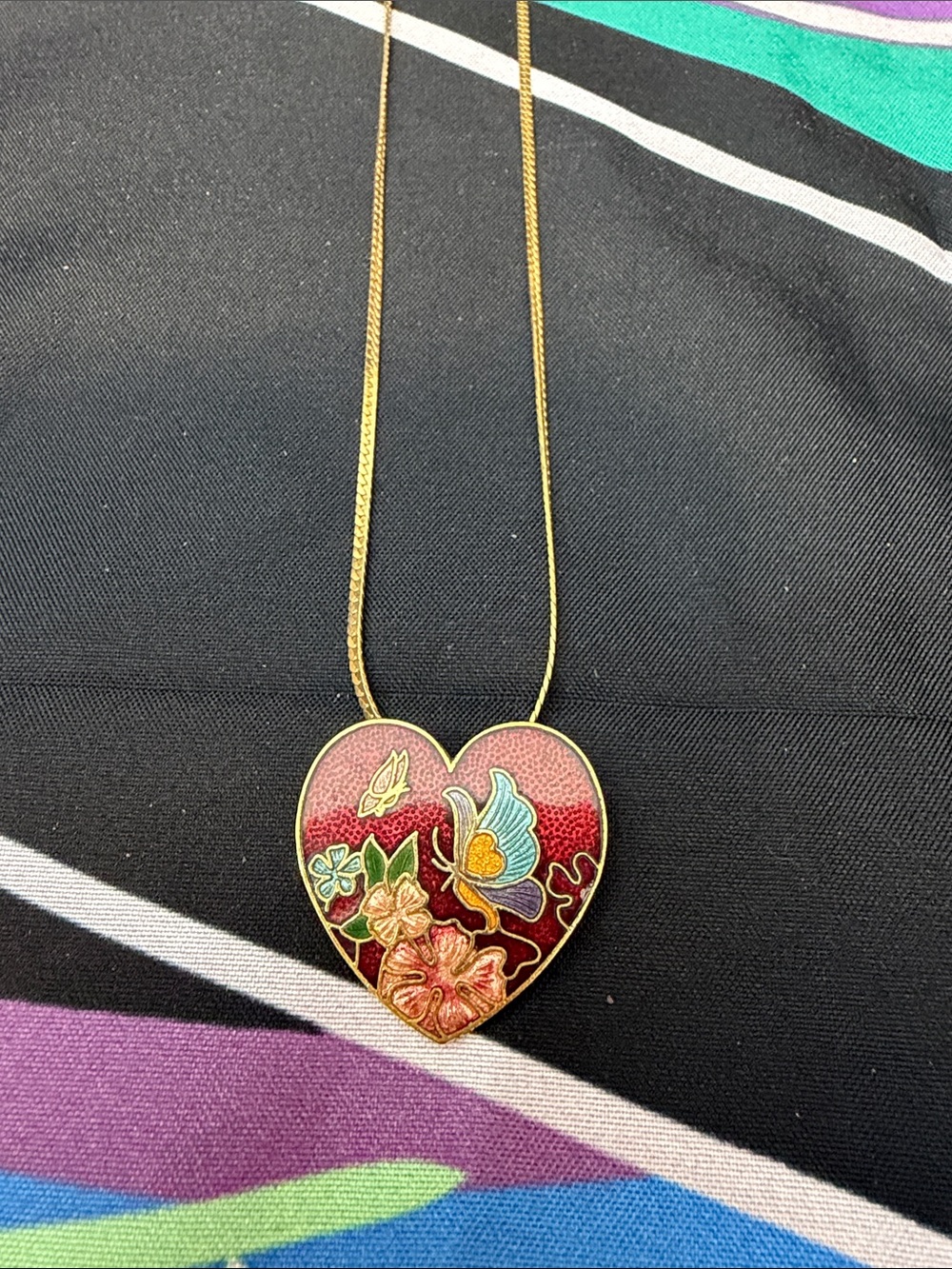 Gold-Tone Heart Pendant Necklace with Red Enamel and Floral Motif